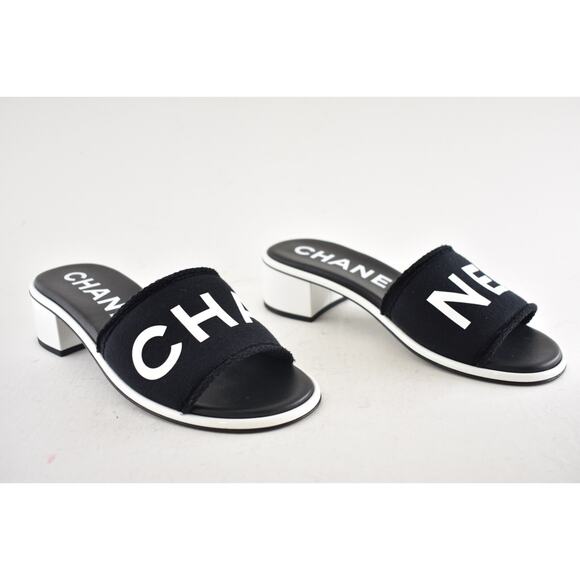 Chanel 24C Black White CHA NEL Letter Logo Mule Slide Block Heel Sandal 42 - Picture 5 of 15